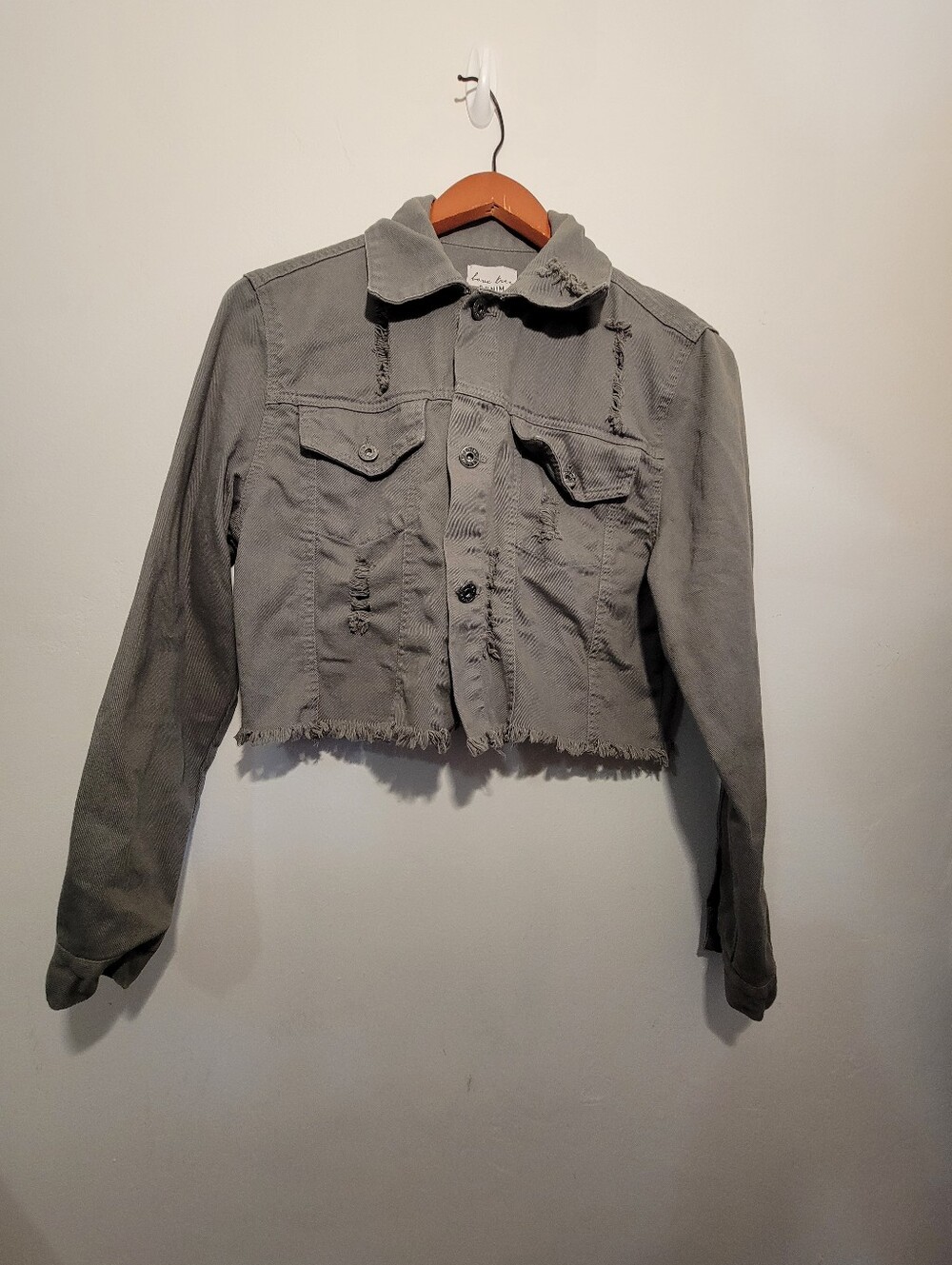 Love Tree Cropped Distressed Jean Jacket - Olive Green